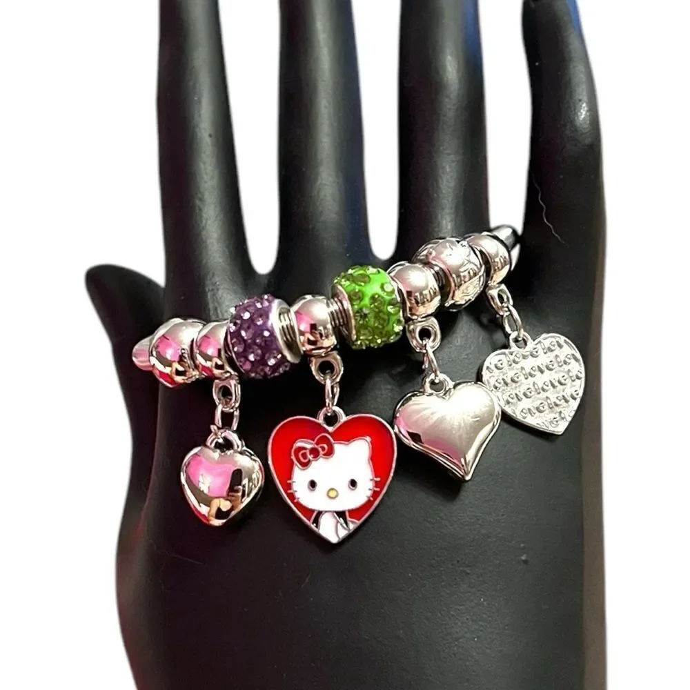 Hello Kitty Hearts Purple And Green Rhinestone Silver Tone Kids’ Charm Br…